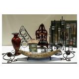Candle stands, wine rack, framed print, lantern,
