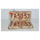 1956 Maryland License plates, matched pair