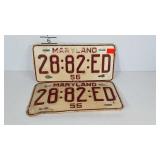 1956 Maryland License plates, matched pair