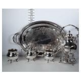 Silverplated coffee pot on stand with matching