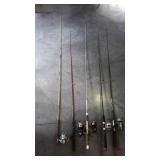 Fishing poles, five poles with reels, including
