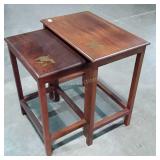 Nest of 2 Walnut Side Stands, brass leaf design