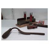 Draw knife, miter saw box, wooden ruler, chalk