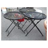 Three outdoor side tables, mesh tops, well used,