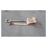 Two garden tools, spade fork, trench shovel
