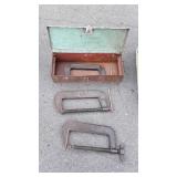 Three nice 10" "C" Clamps with metal tool box