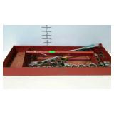 Toolbox tray with assorted sockets and a breaker