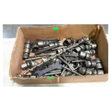 Box with drill parts and bits, plus a few other