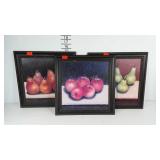 Trio of fruit painting prints, each framed 15x15,