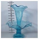 Blue wavy glass Epergne vase.  Stands just under