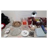 Home decor group, tins, lamp, platters, sign,