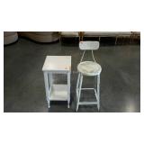 Two pieces. Shop stool with cracked seat and two