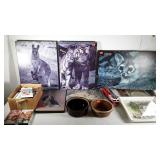 Wall art, VHS tapes, ladder truck, pottery bowls