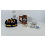 Navy memorabilia: hat, pewter jewelry box and