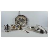 Silver plated serviceware: ladle,  gravy bowl,