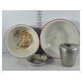 2 large red and white enamelware bowls, small