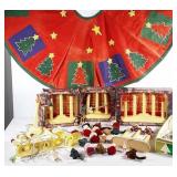 Vintage Christmas lot: old tree skirt with hand