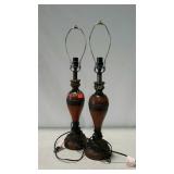 Pair of wood based lamps, no shades.