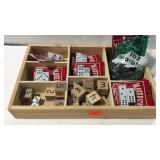 Dice and marbles in wooden tray