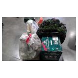 Holiday decor, wreaths, small tree with snow