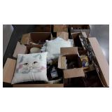 Cat pillow, light bulbs, clamp on work light,