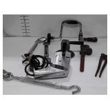 Brace bit, drill. Wrench, nippers, 3 turnbuckles