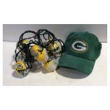 Green Bay Packers hat and string lights