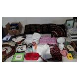 Mixed decor group. Holiday wreath, throw pillows,