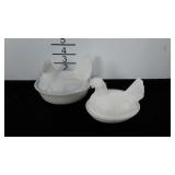 Two milk glass hen on nests