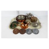 Metalwares, golfing coasters,  copper watering