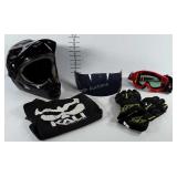 Motorcross helmet, goggles and gloves. Helmet is