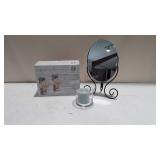 Mirror w/ Stand, Hanging Mason Jar Sconces w/ LED