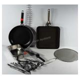 2 skillets, skillet screen, meat cutting knife