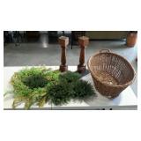 Wicker laundry basket, faux greenery and wreath