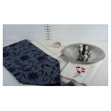 Stainless steel chip/dip set and 3 table linens.,