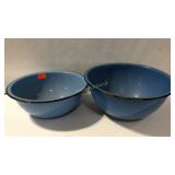 Two blue enamel bowls 10in and 11in