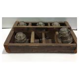 Divided wooden tray with 5 glass insulators