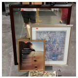 Three pieces. Large wall mirror and two prints.