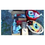 Laundry basket, tote, vintage suitcase, keyboard,