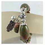 Green stone unakite owl charm bracelet