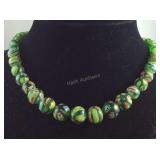Green Murano style beaded necklace 20in