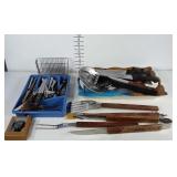 Lot of kitchen utensils, grilling utensils,