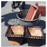 Planters: plastic and terracotta, some damage