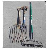 Pitchfork, shovel and rake