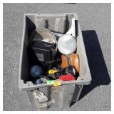 Tote with flashlights, window scrapers, old camera