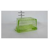 Green glass butter dish, small chip on edge as