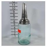 Quart Blue glass jar (unmarked) with spout lid.