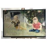 Large painting of two sisters on the riverside,