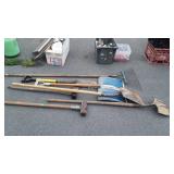 Long-handled tools, shovels, rake, axe,