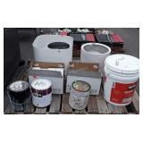 Group lot with cat litter box, partial buckets of